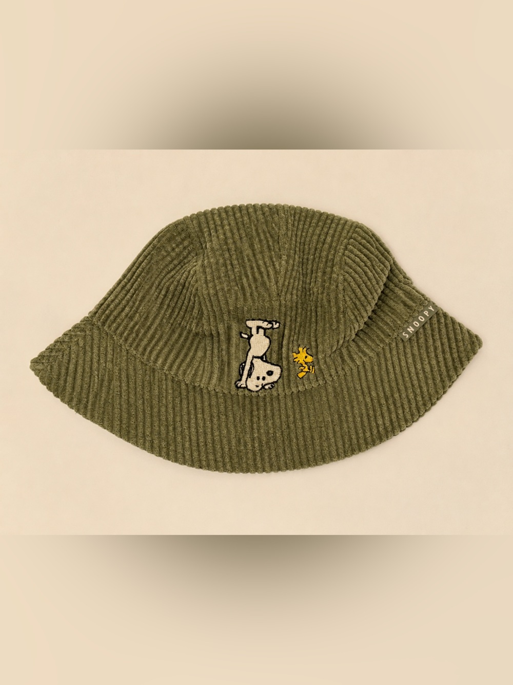 ZARA x PEANUTS Snoopy Woodstock Corduroy Bucket Hat Olive Green